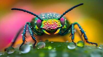 Fototapeta premium Vibrant Jewel Beetle Macro Photography: A Dazzling Insect Covered in Dew Drops on a Lush Green Leaf, Illuminated by Soft, Colorful Background Light