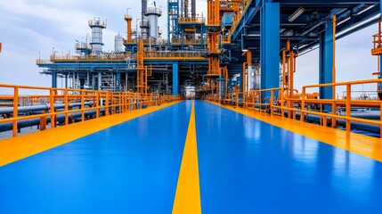 Industrial Walkway: A vibrant perspective down a painted walkway in a modern industrial refinery, showcasing the complex machinery and infrastructure. The image evokes a sense of scale, precision.