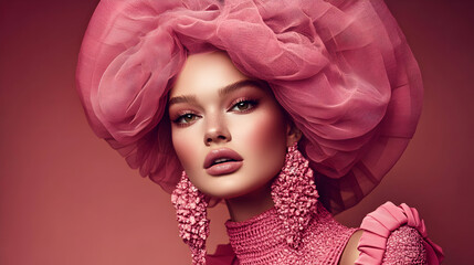 A Woman in Pink Netting Headwear with Large Earrings, Fashion Beauty Portrait