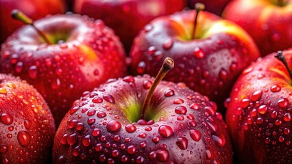 Fresh Red Apples Close-Up with Water Droplets, Organic Juicy Fruit, Healthy Produce, Ripe Harvest, Vibrant Colors, Nature's Bounty, Freshness, Nutrition, Farm-to-Table Delight