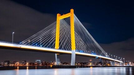 Obraz premium Bridge of Dreams: A modern cable-stayed bridge illuminated by a dazzling array of lights casts a mesmerizing glow against the night sky, its elegant structure reaching towards the horizon. 