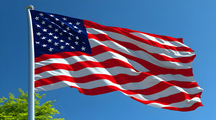Obraz premium American Flag Waves Proudly in a Clear Blue Sky, a 3D Render of Patriotism and National Symbolism.