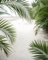 Fototapeta premium Lush palm leaves frame serene sandy path leading to beach, evoking tranquil tropical atmosphere