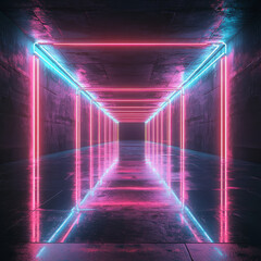 A sci-fi scene featuring neon glowing lines within a dark tunnel, with reflections on both the floor and ceiling. The environment exudes a futuristic and technological vibe, where the glowing lines cu