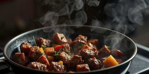 Aromas of spices and herbs wafting from a skillet with marinated beef and vegetables, appetizing smells, alambre aroma, fragrances
