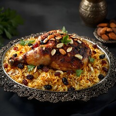  Saudi kabsa, a fragrant rice dish cooked with saffron, cardamom, and cinnamon, topped with roasted chicken or lamb. Garnished with raisins, almonds, and fresh parsley
