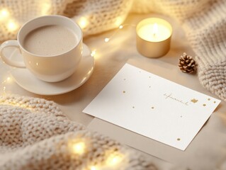 Cozy autumn scene with coffee, candle, lights, and card.