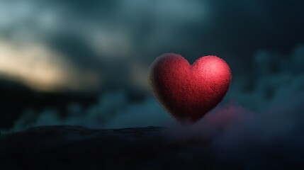 Fototapeta premium A glowing red heart sits atop a dark, cloudy landscape, a symbol of hope and love in the face of darkness.
