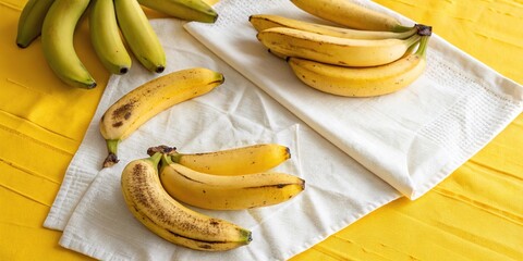 Bananas in various stages of ripeness on a bright yellow tablecloth with a white napkin, bananas, yellow, fruit