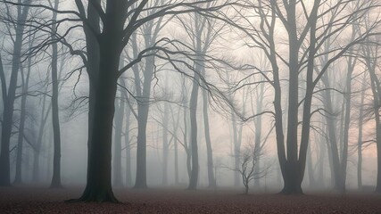Beech trees at dawn in the misty forest, atmospheric light, serenity, early morning