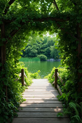 Fototapeta premium A wooden walkway leads to a lake surrounded by trees and plants