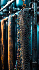 Close-up of nets hanging neatly on a rack.