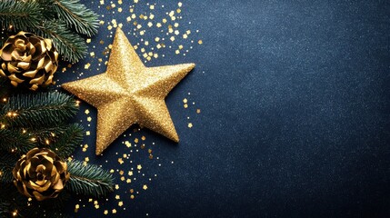 Glimmering Gold Star Ornament Surrounded by Pine Cones and Evergreen Branches with Festive Confetti on Dark Blue Background for Holiday Celebrations