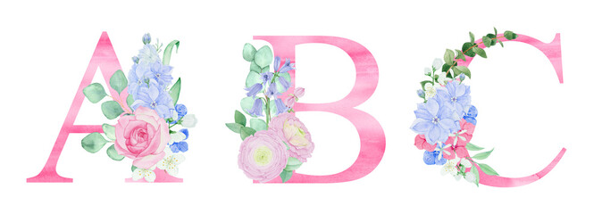 Watercolor pink letters with floral arrangements of flowers and foliage. For wedding monogram, invitations, greeting cards and other design ideas. © Outlander1746