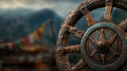 Close-up of a weathered, ornate wheel with a blue-green patina. The background is blurred, with a mountain landscape and colorful flags visible.