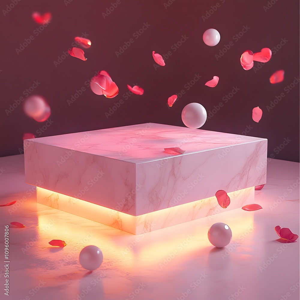 Poster a large, smooth marble podium illuminated by soft pink light, surrounded by floating rose petals and
