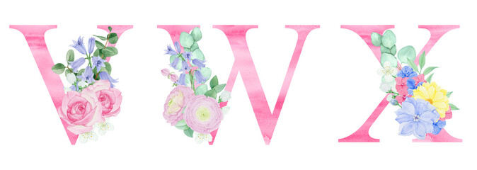 Watercolor pink letters with floral arrangements of flowers and foliage. For wedding monogram, invitations, greeting cards and other design ideas.