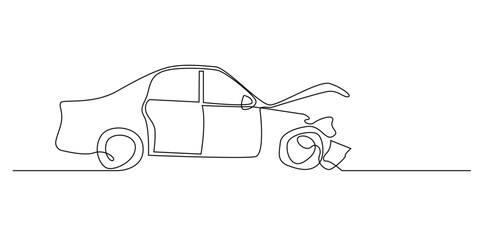 continuous line drawing of accident car.single line drawing of car damaged as a result of collision.single line vector illustration of vehicle insurance. isolated white background