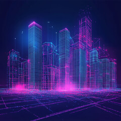 This futuristic city concept features a 3D wireframe cityscape, with sleek, smart buildings and a dynamic line grid that forms the foundation of the skyline. The image showcases a cyber space theme, w