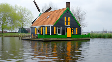Obraz premium Charming canal house with orange accents reflects on calm water near a windmill