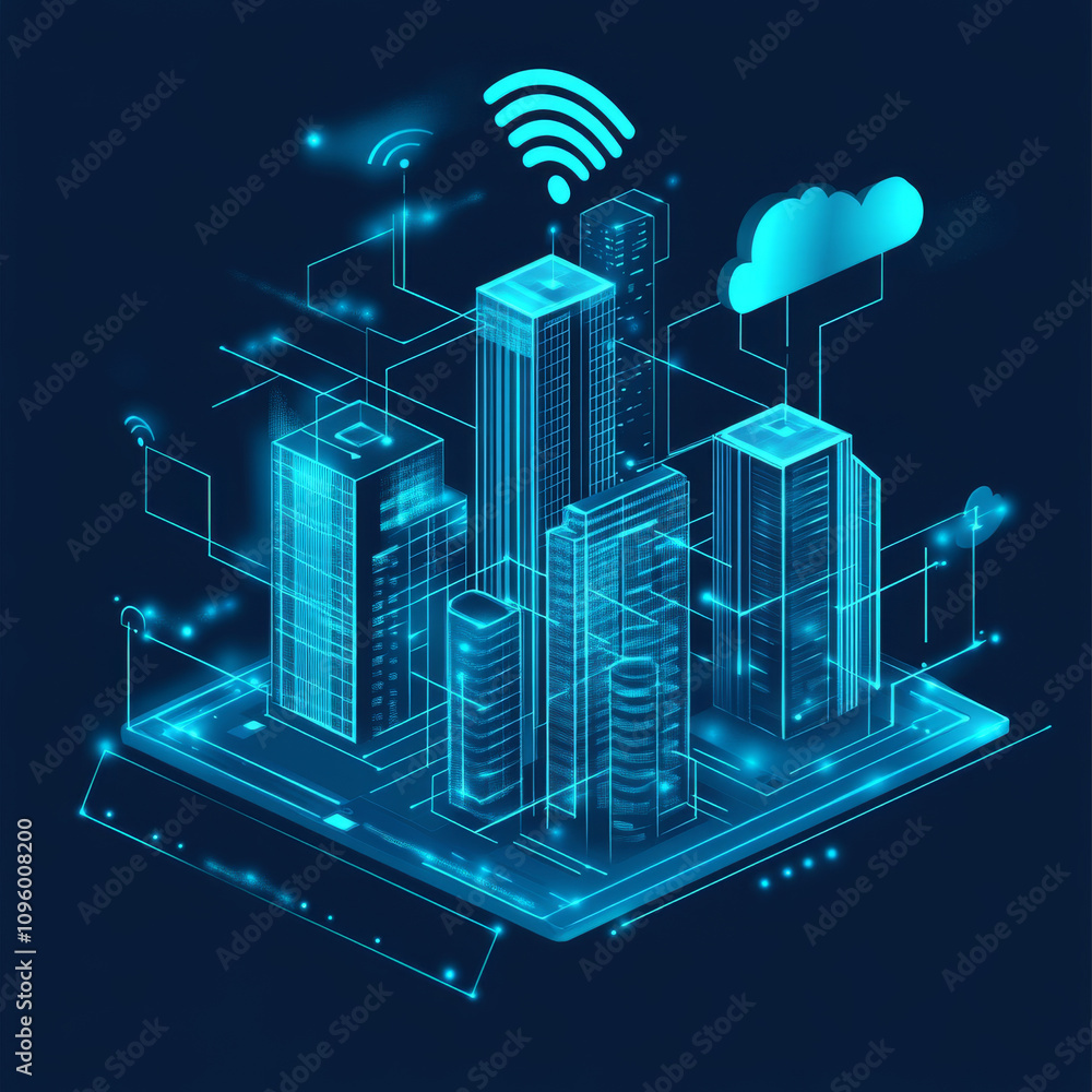 Poster a vector illustration depicting 5g technology with a computer network connection line linking variou
