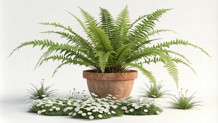 Obraz premium Boston fern in a small terracotta pot with small white flowers around the base, small flowers, garden decor, boston fern, terracotta pot, greenery