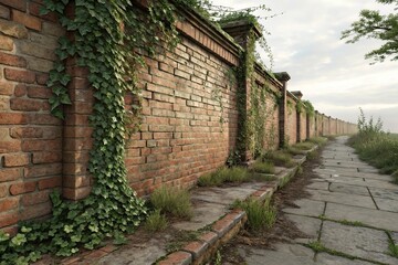 Brick wall with ivy crawling up the side and worn mortar, outdoor architecture, overgrowth, weathered bricks, aged appearance