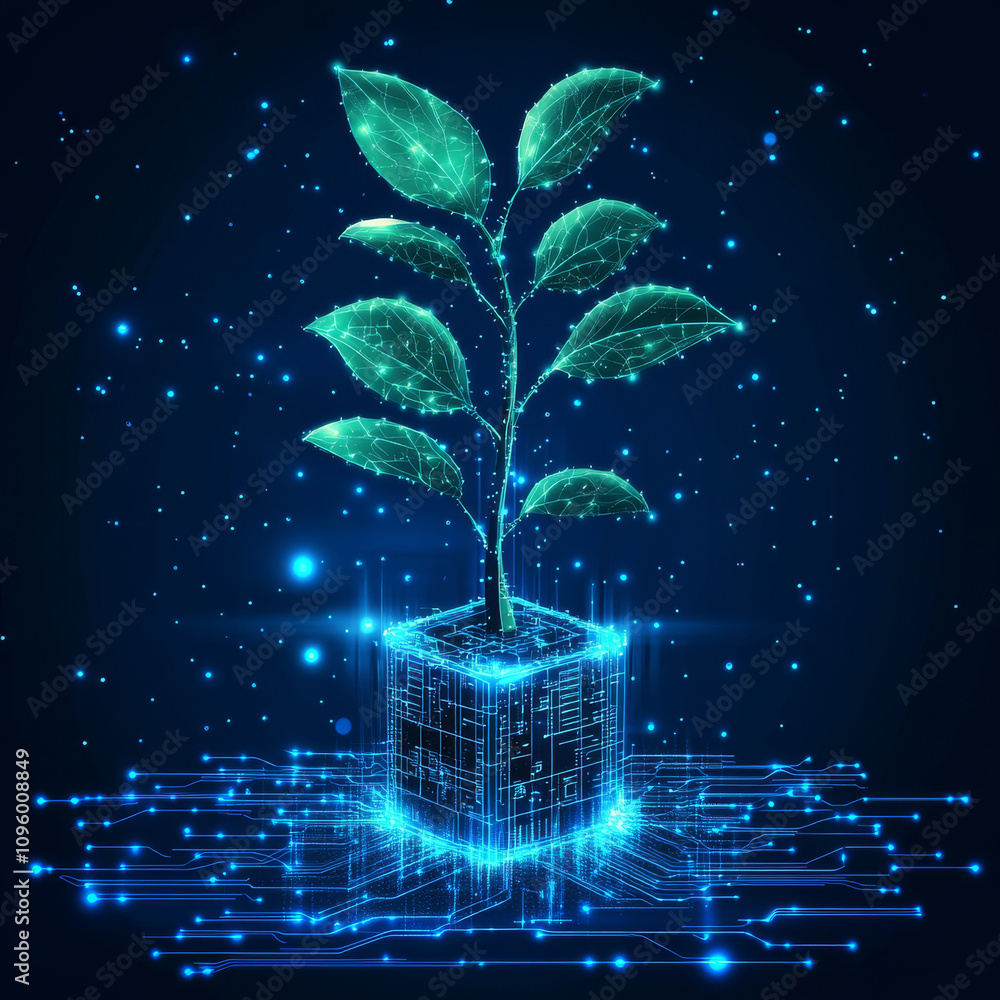 Poster an abstract digital concept showcasing the evolution of artificial intelligence, represented by a sp
