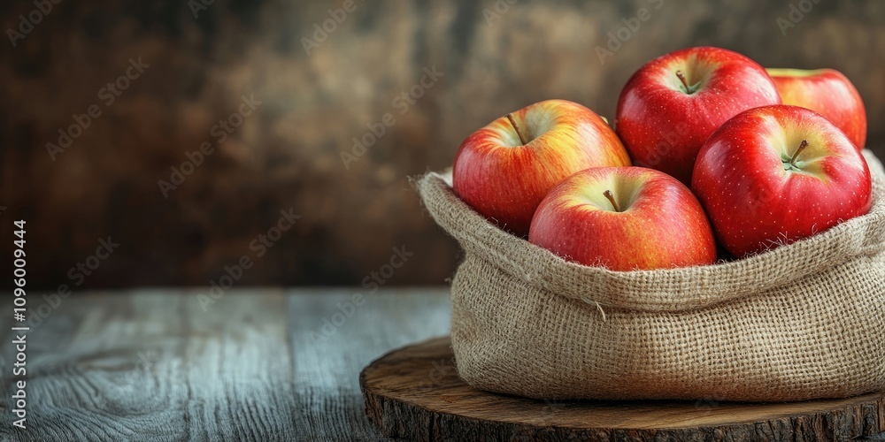 Poster fresh apples arranged in a bag resting on rustic wooden boards, showcasing the vibrant colors and te