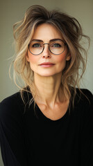 Fototapeta premium Graceful middle-aged woman with sophisticated oval glasses.