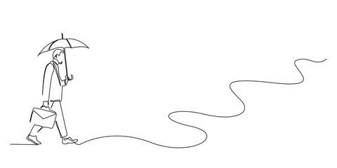continuous line drawing of business people walking with an umbrella.one line drawing of business people walking with an umbrella and carrying a work suitcase in the rain.single line vector