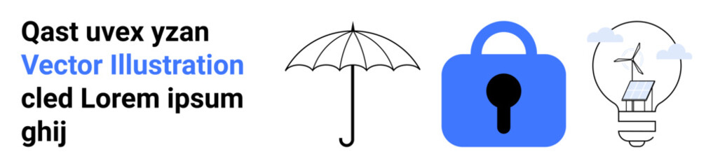 Umbrella, padlock, and light bulb with wind turbine illustration. Ideal for security, protection, innovation, renewable energy, safety, technology, and creative design. Banner for landing page