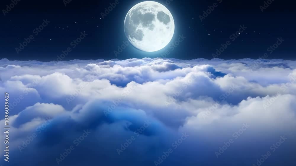 Aufkleber A luminous full moon glows brightly over a sea of soft, white clouds during a calm night, creating a peaceful atmosphere under a starry sky.