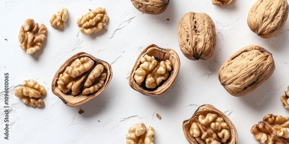 Poster close up of whole and opened walnuts on a white background, showcasing the detailed texture and rich