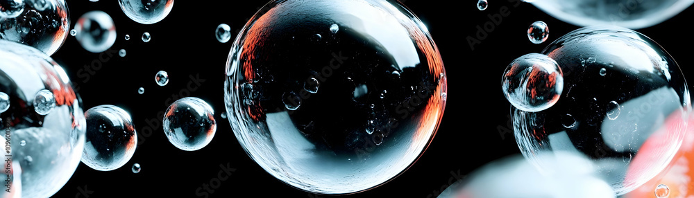 Poster abstract 3d render of glistening bubbles floating in dark space, illuminated with subtle red hues