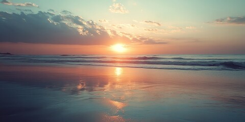 Obraz premium Serene sundown at the beach, capturing the stunning beauty of the sundown in a coastal setting. Experience the tranquility of the beach during sundown, where nature displays its finest colors.