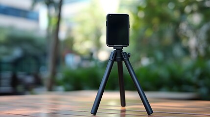 Smartphone on mini tripod outdoors.