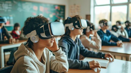 Students Engaged in Virtual Reality Learning Experience in a Modern Classroom Setting with Headsets for an Innovative Educational Approach