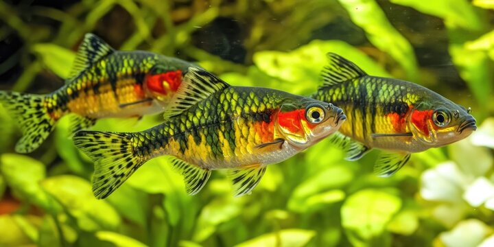 A vibrant flock of green moss tiger barb showcases the beauty of Puntius tetrazona, adding life and color to any aquarium setting with these stunning aquarium fish.