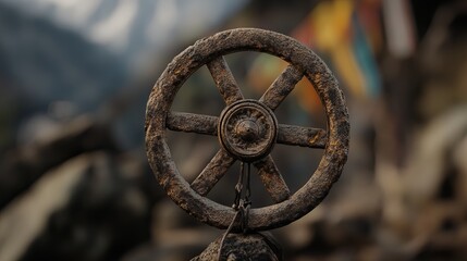 Obraz premium A close-up of a weathered metal wheel with six spokes, set against a blurred background of colorful flags and mountains.
