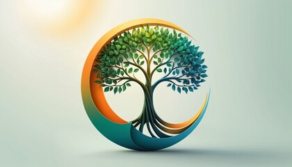 A tree is the center of a circle with green leaves and orange leaves.