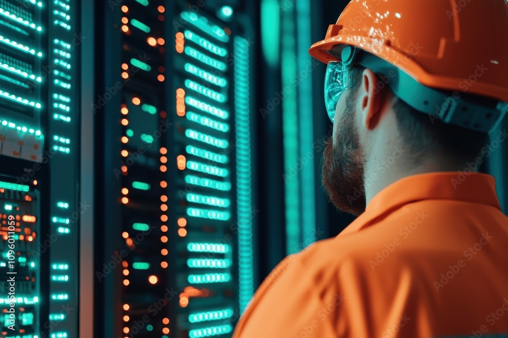 Poster data center technician inspecting server racks it infrastructure network technology