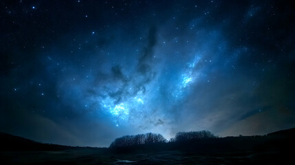 Fototapeta premium Night Sky Astrophotography: Milky Way Galaxy Shining Brightly Over Silhouetted Trees