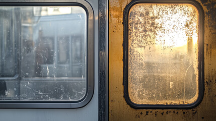 Side-by-Side Shot of New Train Window vs. Weathered, Scratched Train Window.
