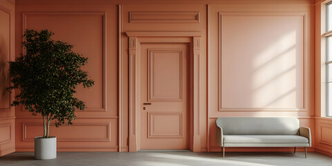 Fototapeta premium 3D Render of a Peach-Colored Room with a Panelled Wall, Door, and Modern Sofa