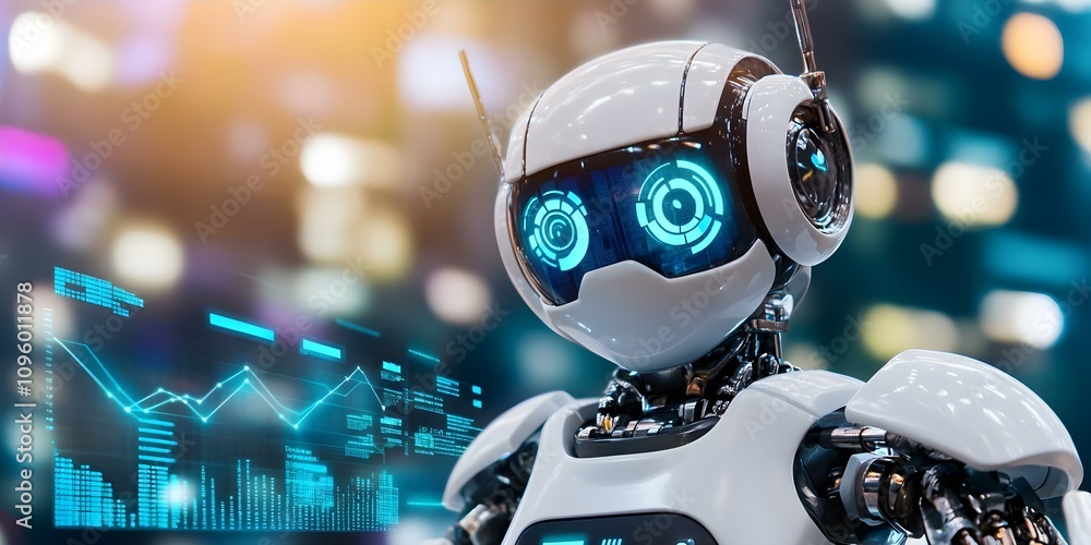 Poster a futuristic robot with glowing blue eyes and data visualizations in the background, symbolizing tec