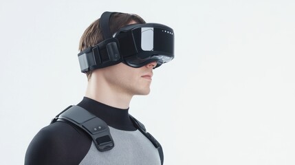 Male user experiences virtual reality with innovative headset, showcasing advanced technology and immersive environments for gaming or training purposes.