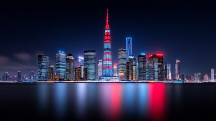 Fototapeta premium Shanghai Skyline at Night: A mesmerizing view of Shanghai's illuminated skyline, showcasing the city's modern architecture and vibrant cityscape.