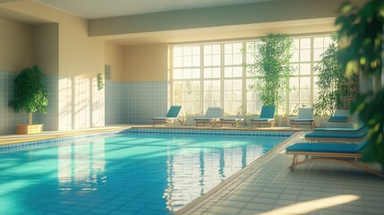 Obraz premium Indoor Pool Serenity: Sunlit indoor swimming pool with lounge chairs, creating a tranquil and inviting atmosphere for relaxation and rejuvenation. 