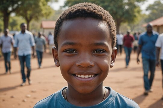 Close portrait of a smiling South African male kid looking at the camera, South African outdoors blurred background